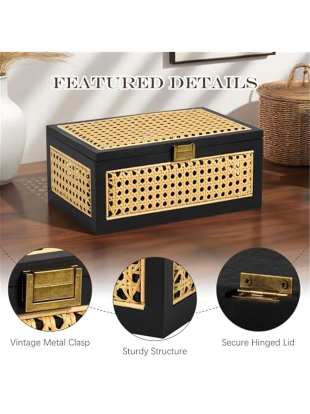 Rattan Storage Box Decorative Handmade Natural Wood Baskets with Lid - Picture 5 of 7